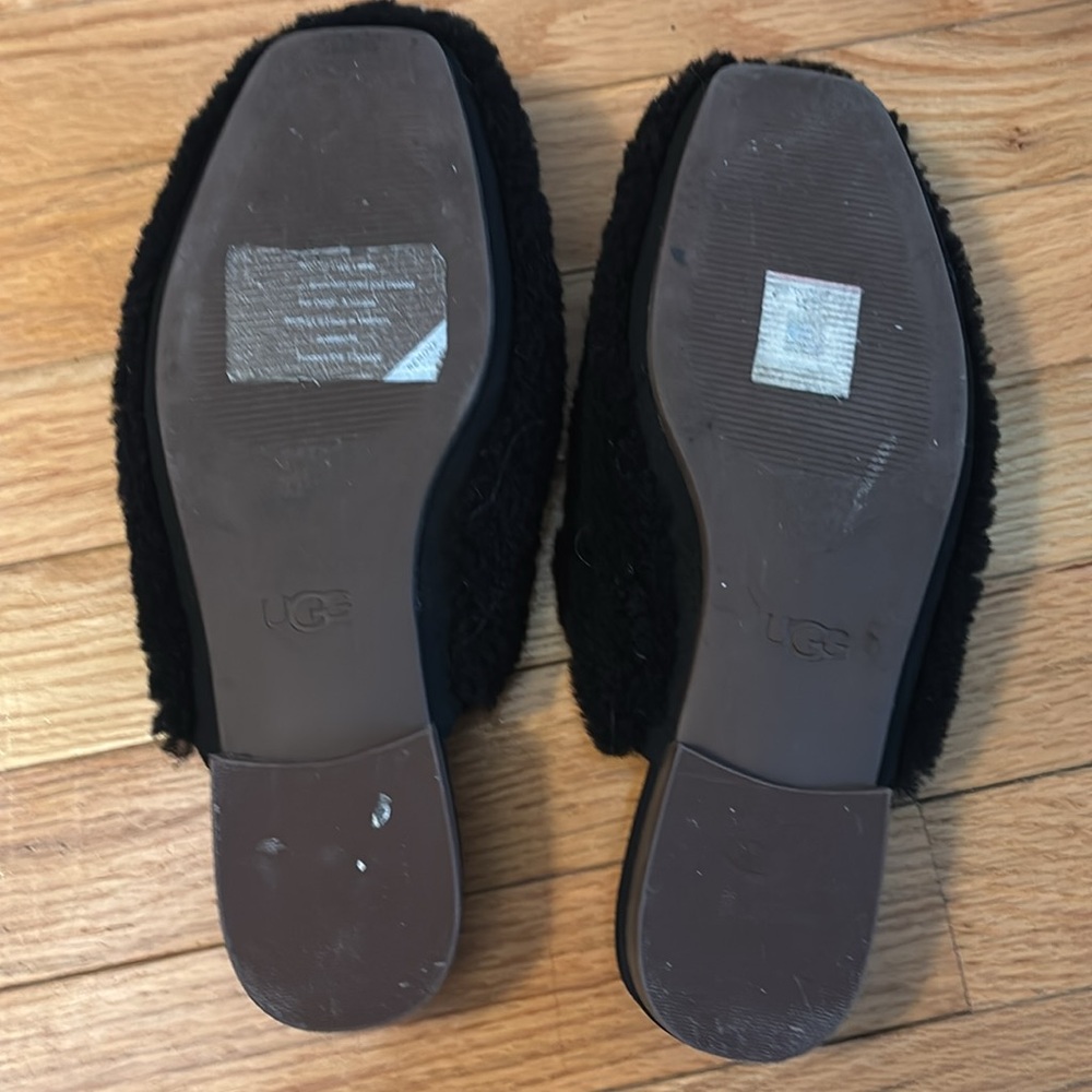 UGG Women's Black Fuzzy slip on , as slippers or shoes. Have a small heel. - Picture 3 of 4